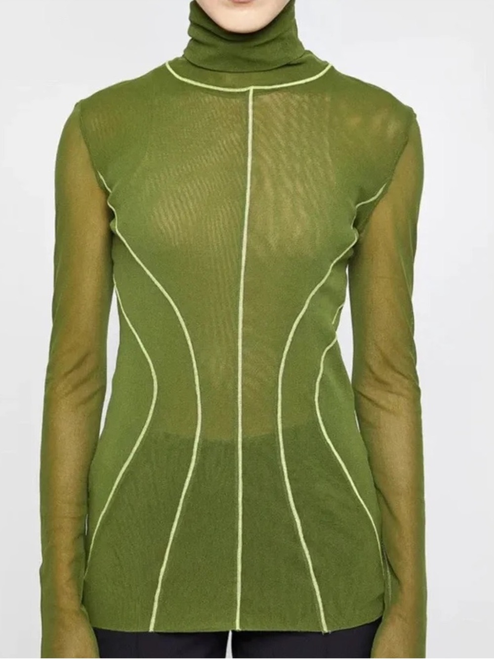 Fuzzi Abstract Tulle Mesh Turtleneck Top Olive Green Sheer Contrast Stitch